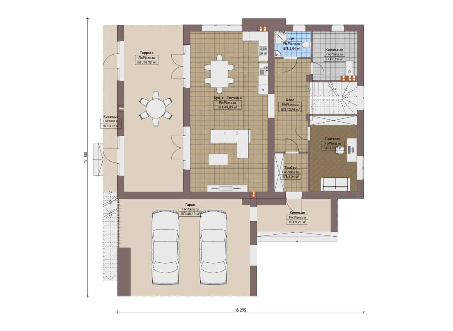 F-20699 - Планы дома с мансардой 16 на 18, площадью 360 м² с террасой, балконом, гаражом на 2 машины и 3 спальнями