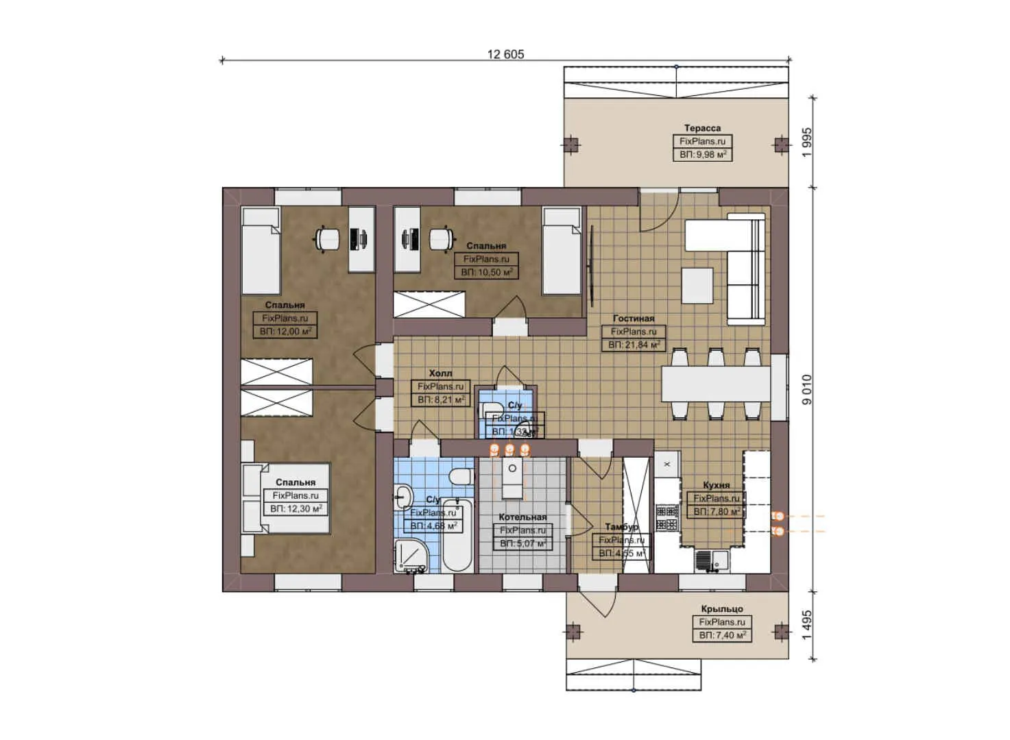 F-6524 - План одноэтажного дома 10 на 13, площадью 110 м² с террасой и 3 спальнями