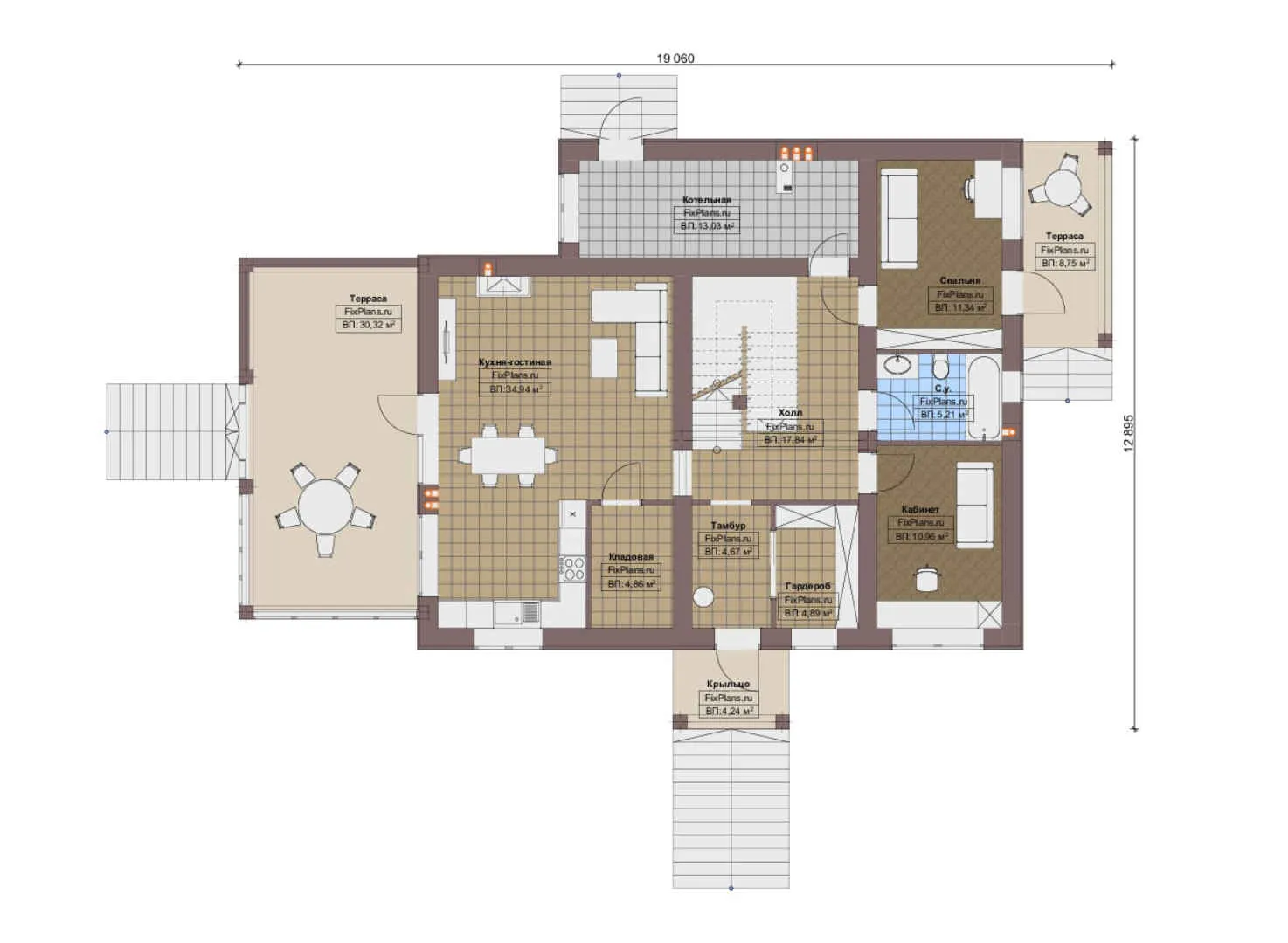 F-19673 - Планы двухэтажного дома 13 на 20, площадью 260 м² с террасой и 3 спальнями