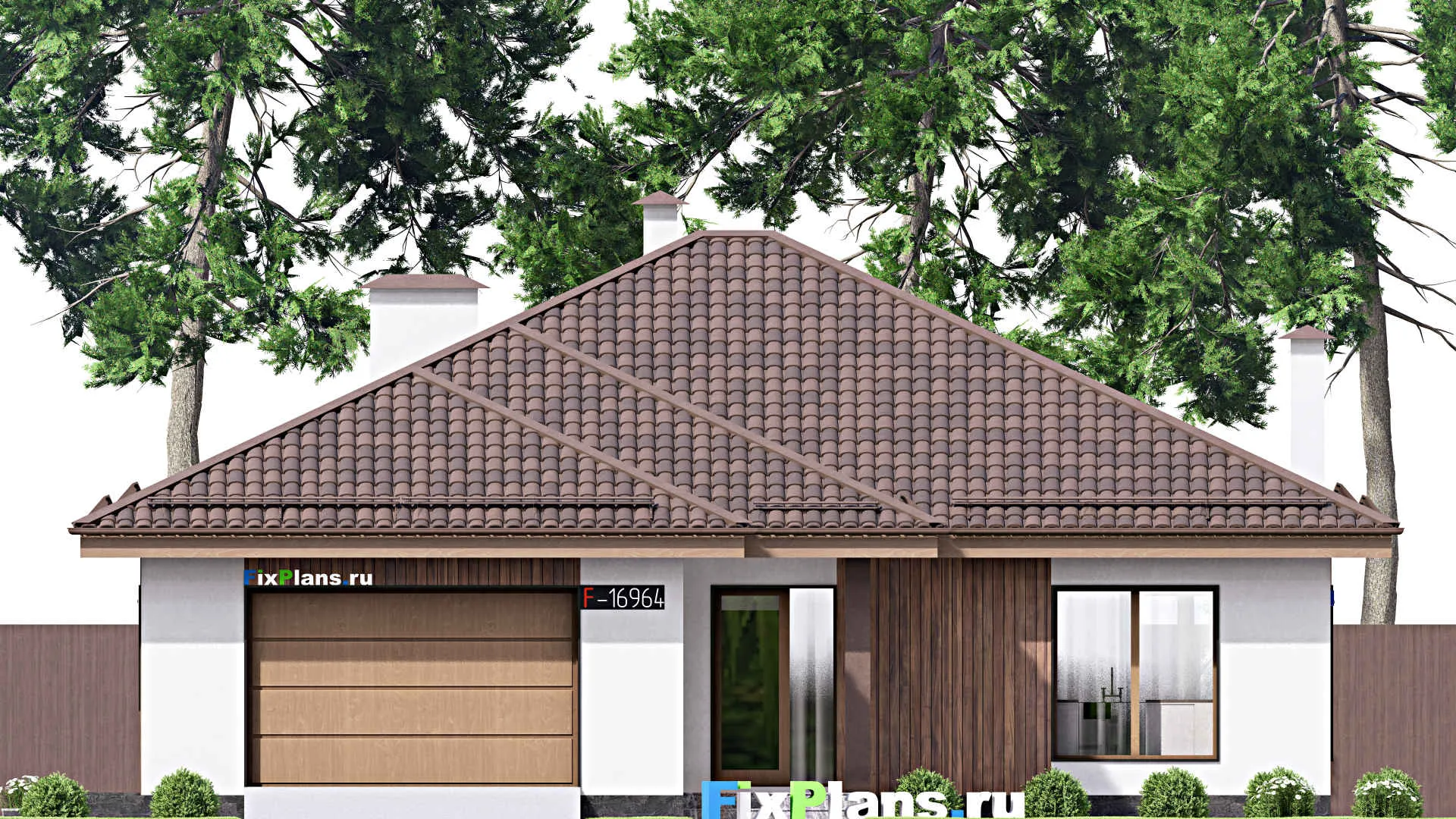 F-16964 - Проект одноэтажного дома 16 на 20, площадью 210 м² с террасой, гаражом на 1 машину и 3 спальнями