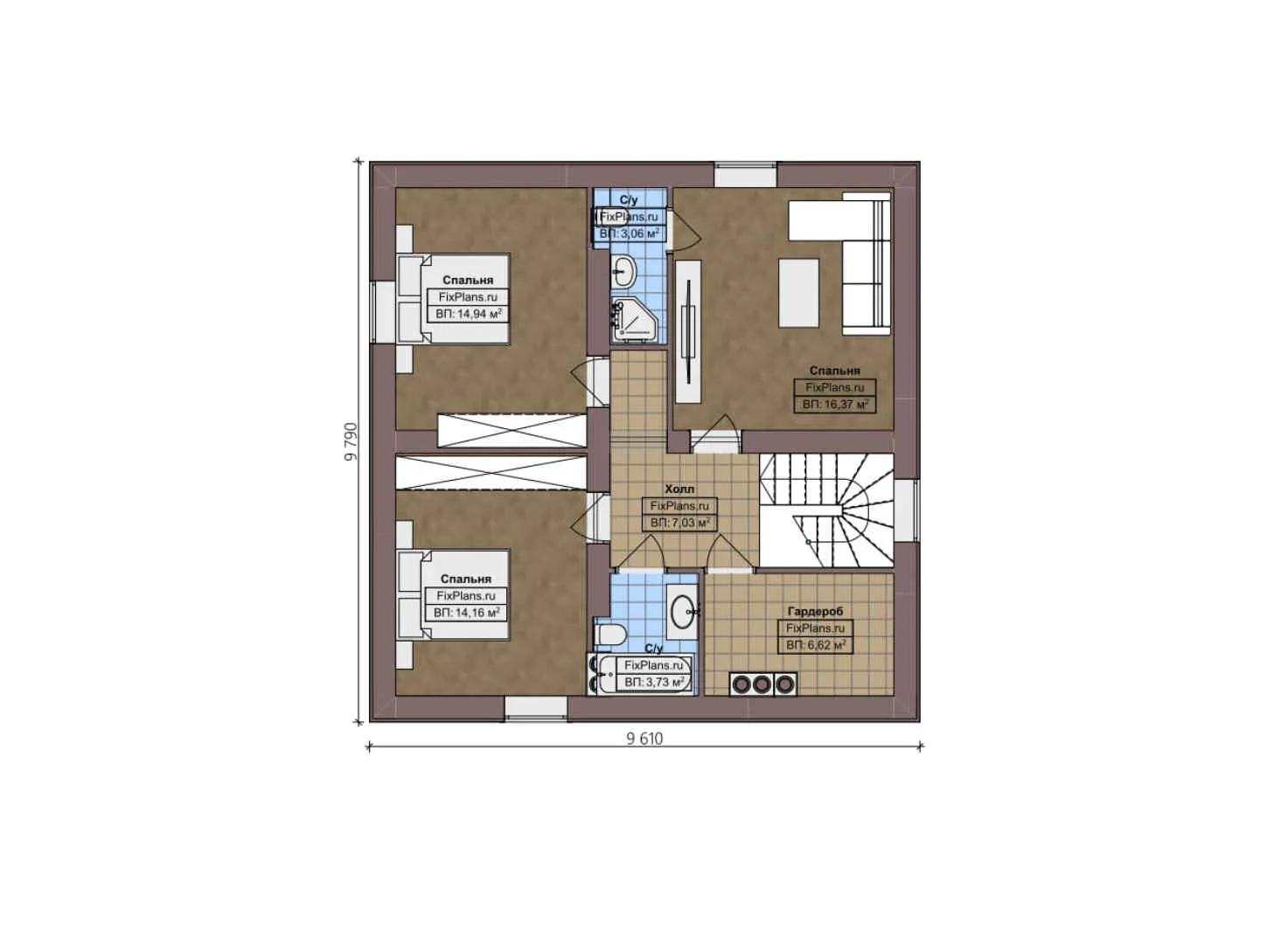 F-4526 - Планы дома с мансардой 10 на 10, площадью 150 м² с баней и 3 спальнями