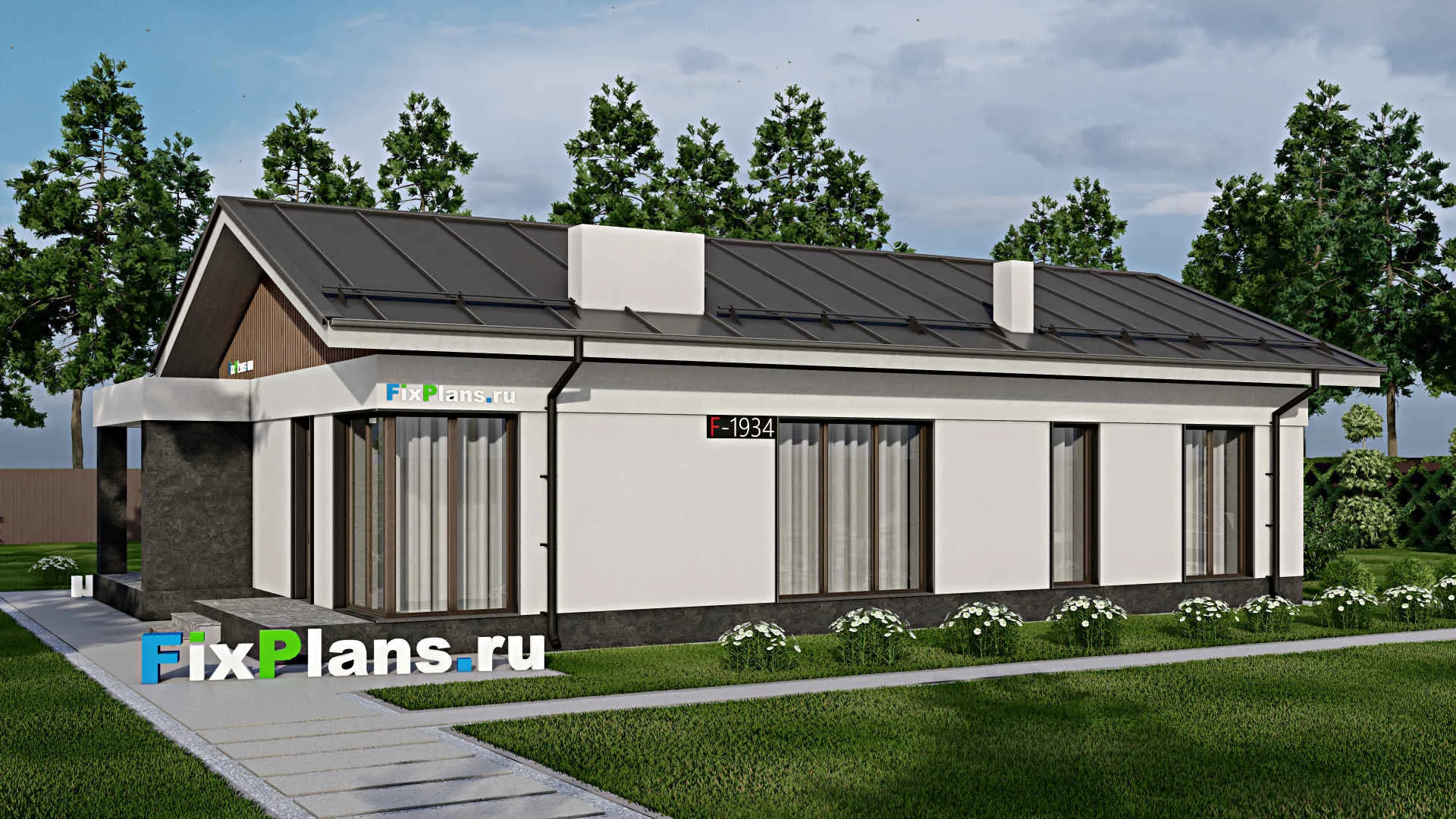 F-1934 - Проект одноэтажного дома 9 на 16, площадью 130 м² с террасой и 4 спальнями