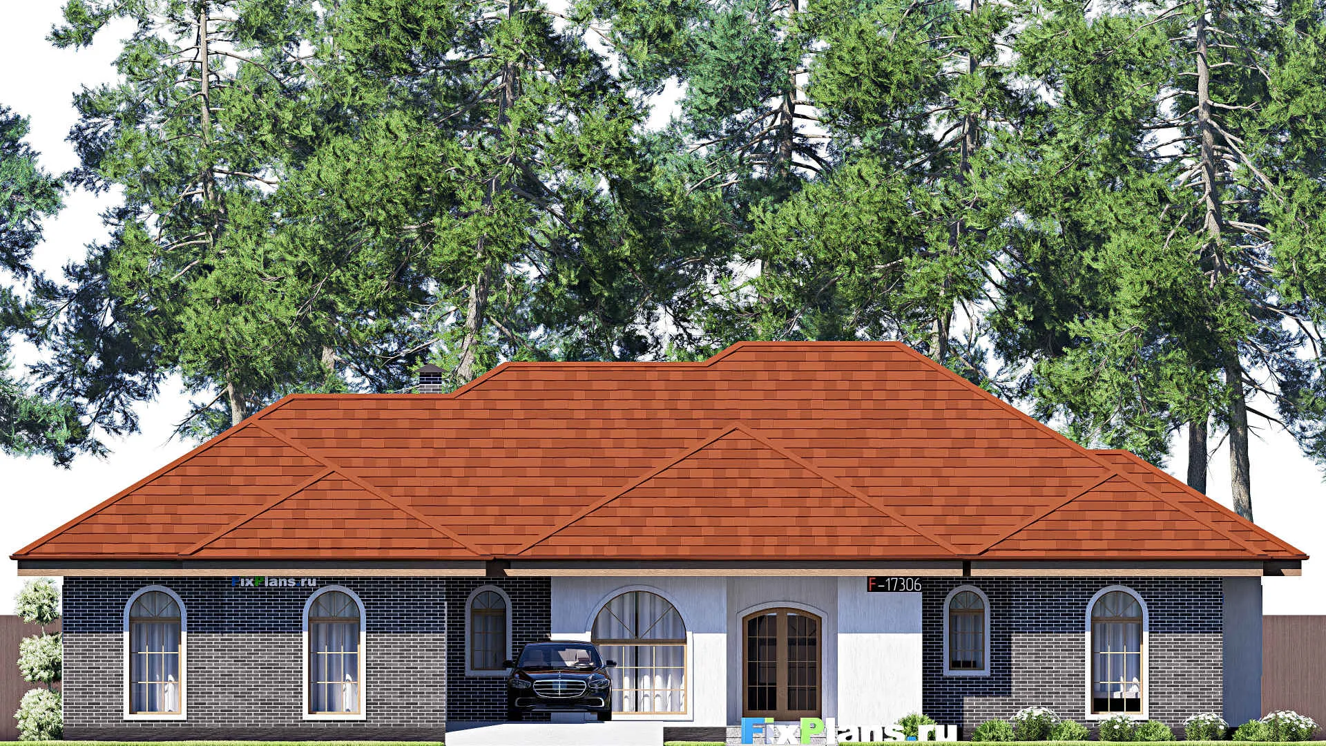 F-17306 - Проект одноэтажного дома 22 на 24, площадью 270 м² с террасой, гаражом на 2 машины и 4 спальнями